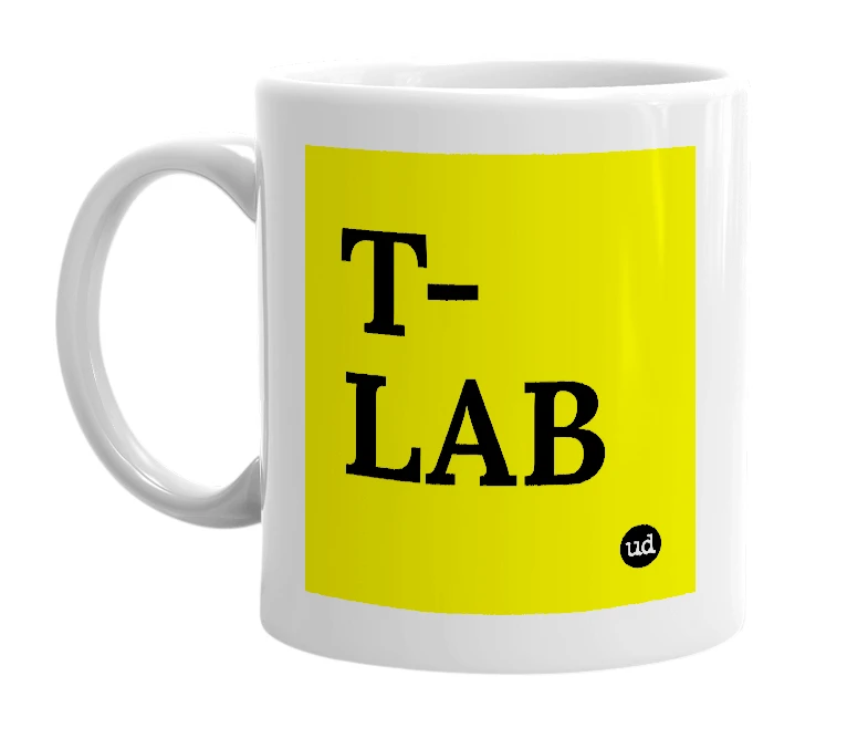 White mug with 'T-LAB' in bold black letters