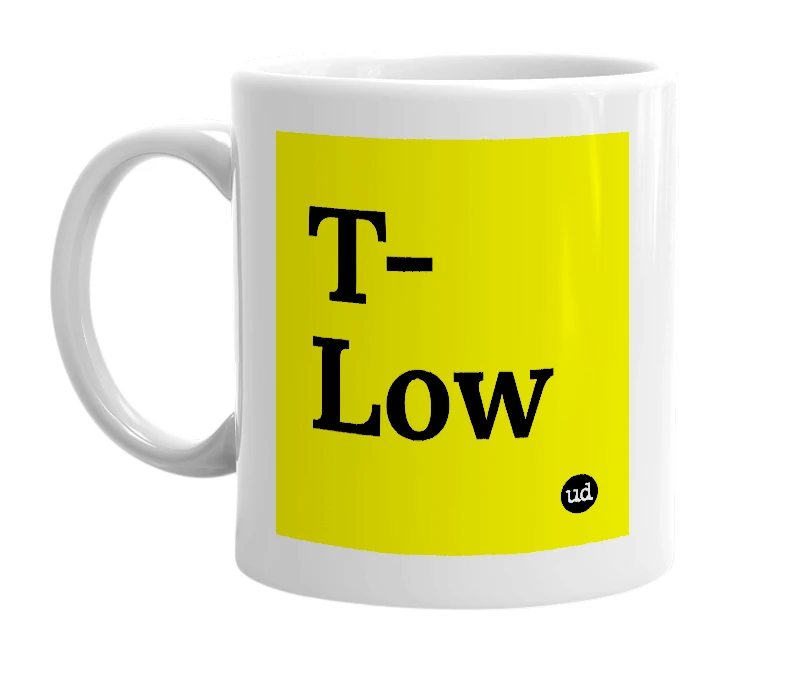 White mug with 'T-Low' in bold black letters