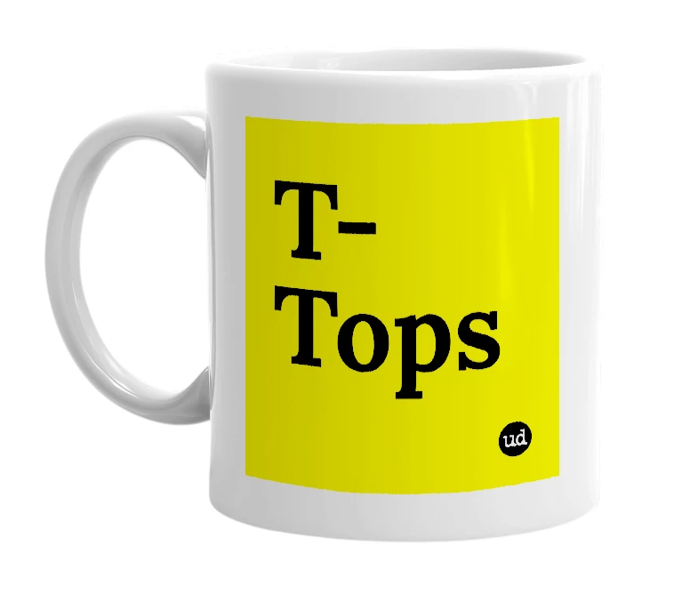 White mug with 'T-Tops' in bold black letters