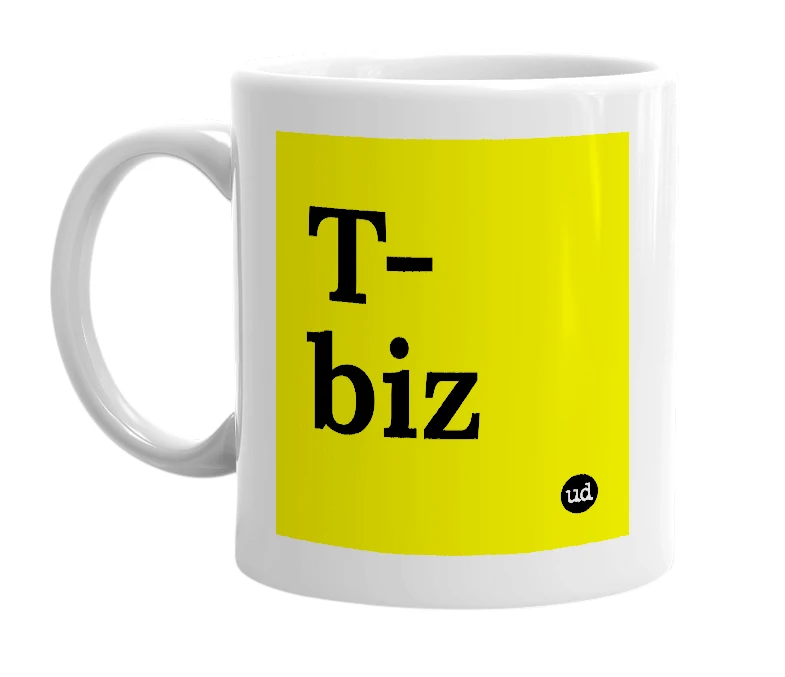 White mug with 'T-biz' in bold black letters