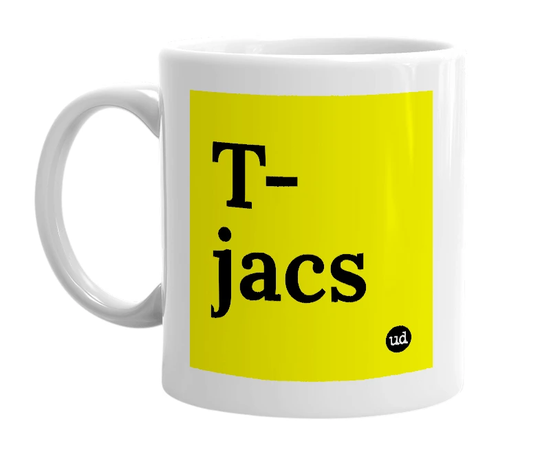 White mug with 'T-jacs' in bold black letters