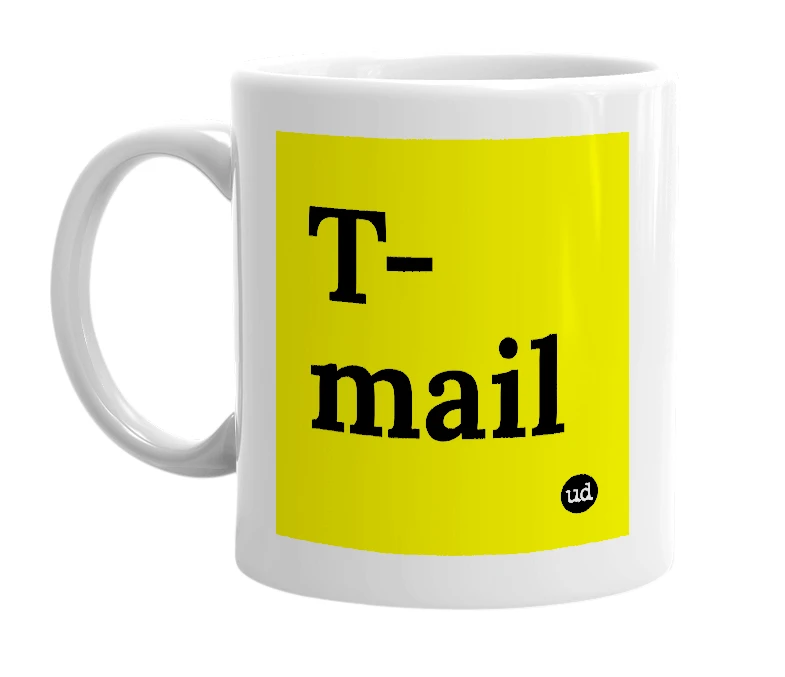 White mug with 'T-mail' in bold black letters