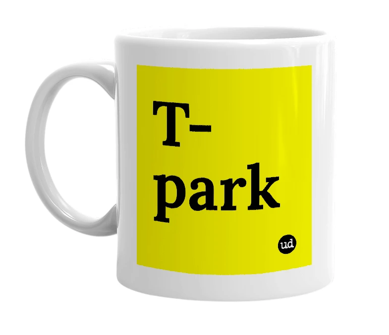 White mug with 'T-park' in bold black letters