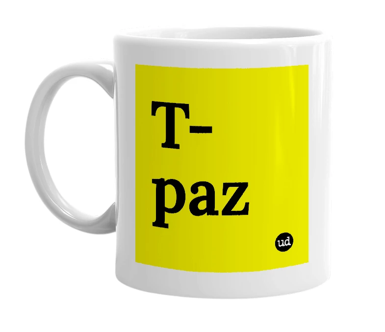 White mug with 'T-paz' in bold black letters