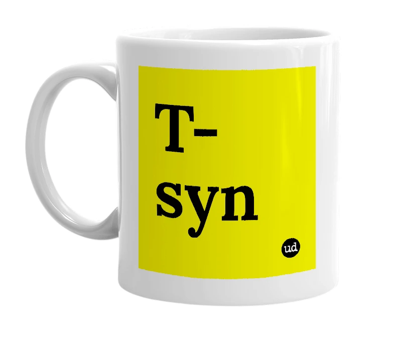 White mug with 'T-syn' in bold black letters