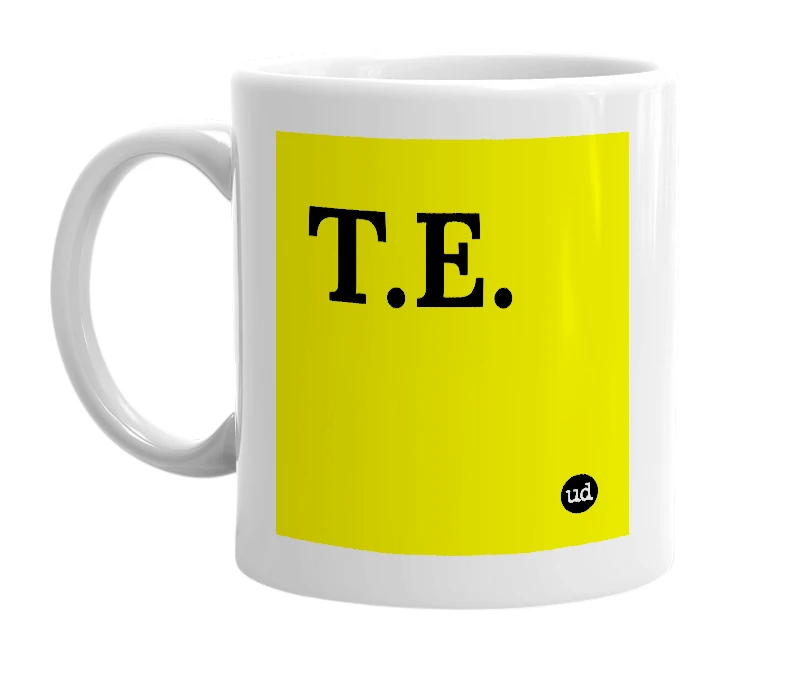 White mug with 'T.E.' in bold black letters