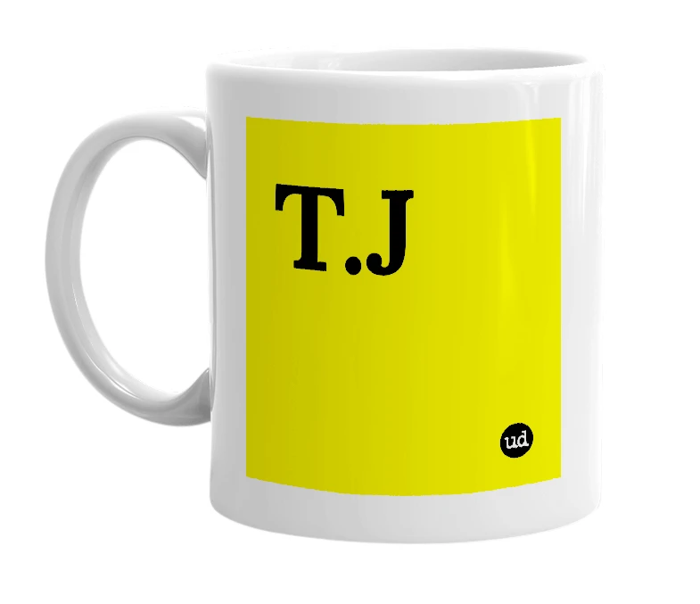 White mug with 'T.J' in bold black letters