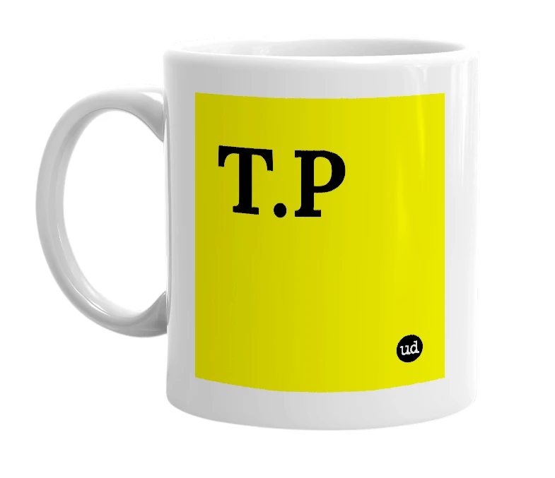 White mug with 'T.P' in bold black letters