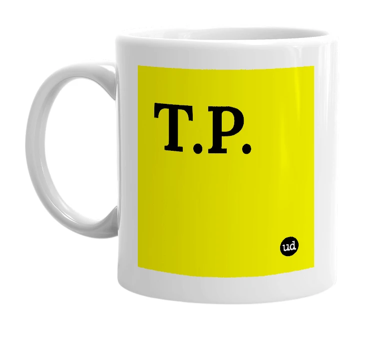 White mug with 'T.P.' in bold black letters