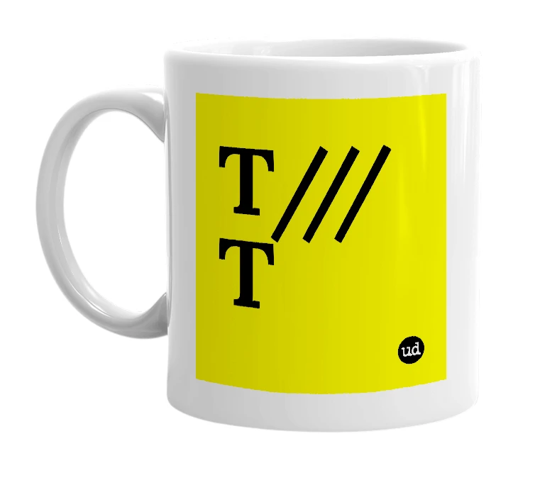 White mug with 'T///T' in bold black letters