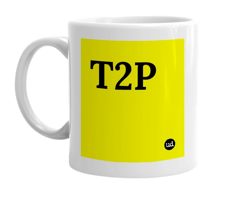 White mug with 'T2P' in bold black letters