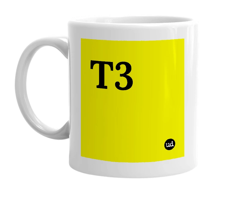 White mug with 'T3' in bold black letters