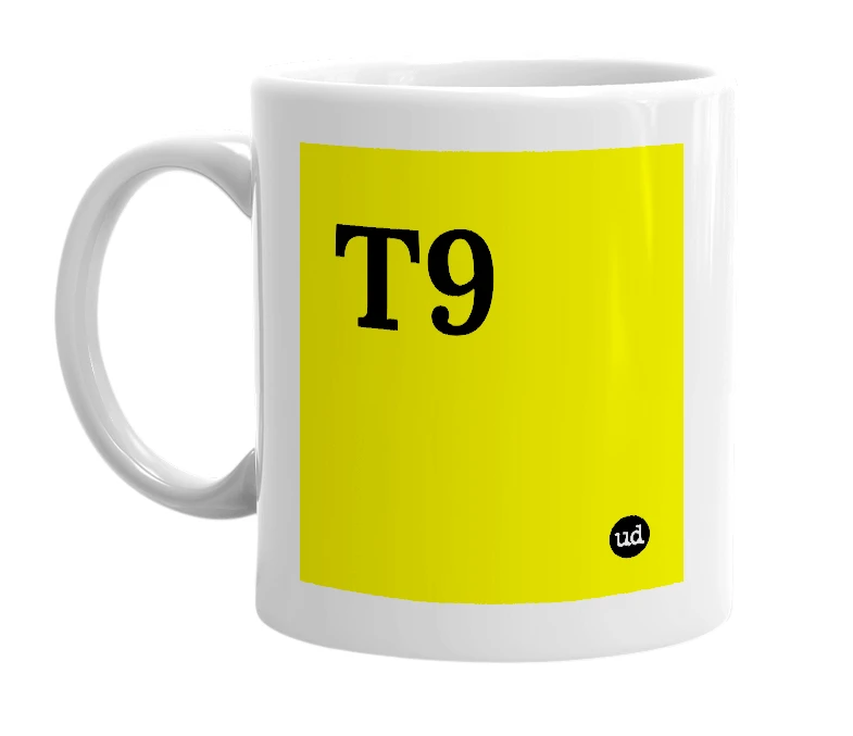 White mug with 'T9' in bold black letters