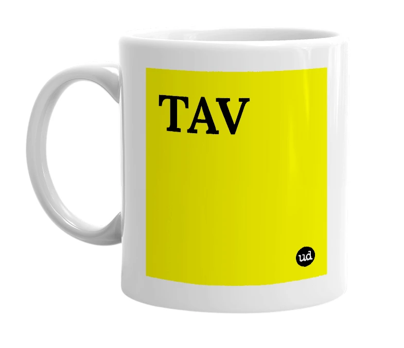 White mug with 'TAV' in bold black letters