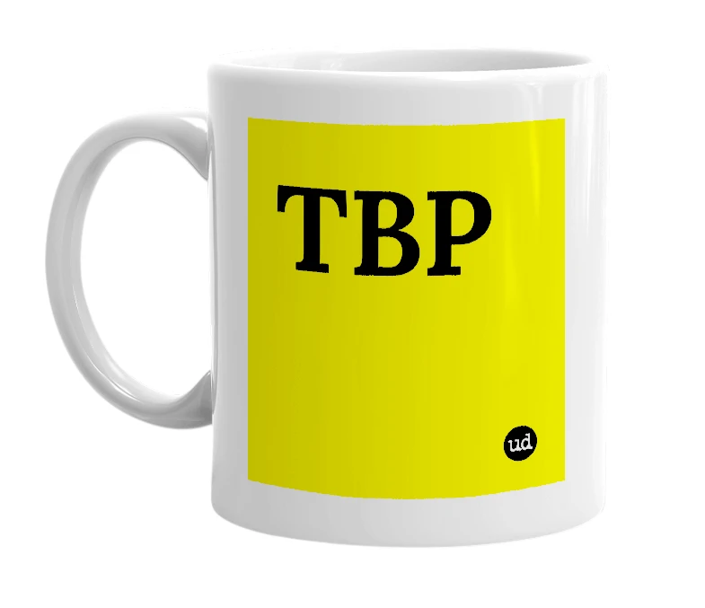 White mug with 'TBP' in bold black letters