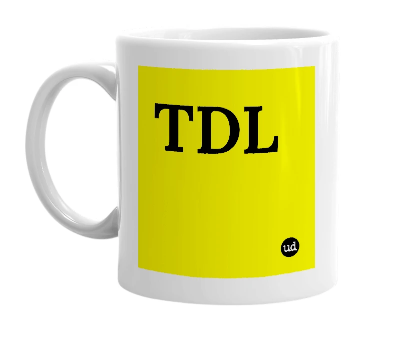 White mug with 'TDL' in bold black letters