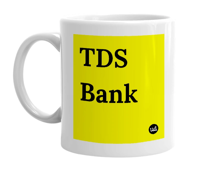 White mug with 'TDS Bank' in bold black letters
