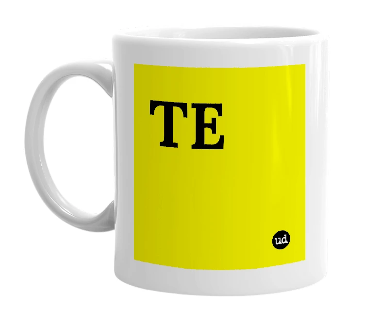 White mug with 'TE' in bold black letters