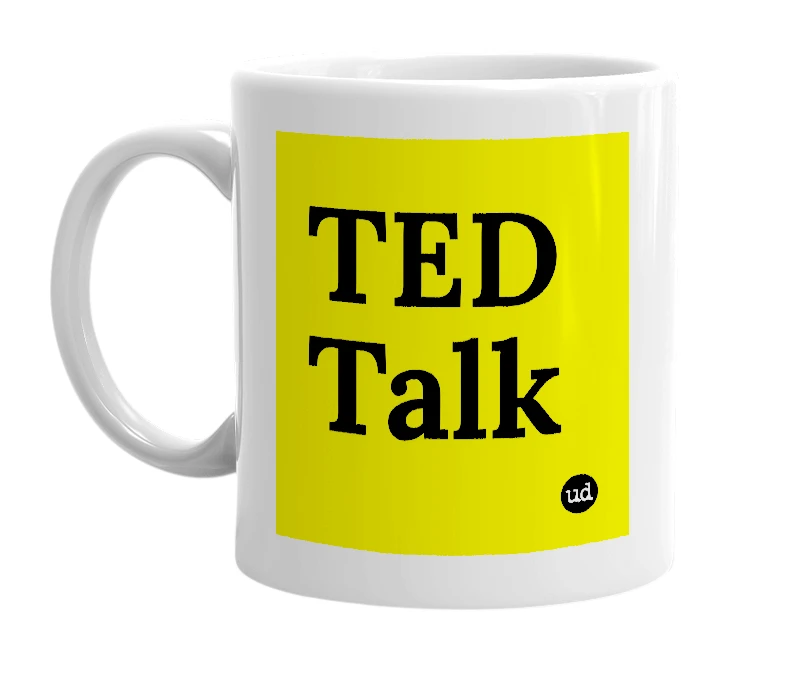 White mug with 'TED Talk' in bold black letters