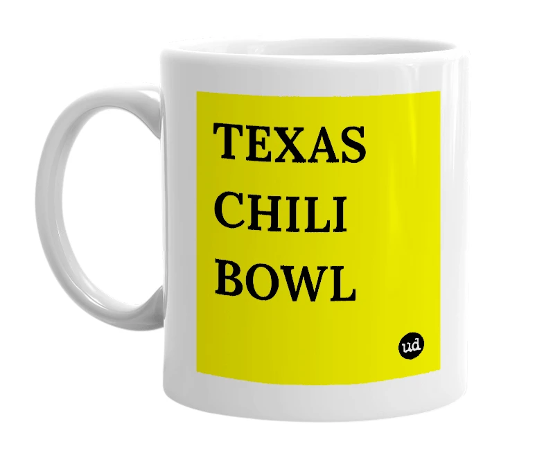 White mug with 'TEXAS CHILI BOWL' in bold black letters