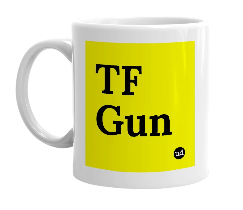 White mug with 'TF Gun' in bold black letters