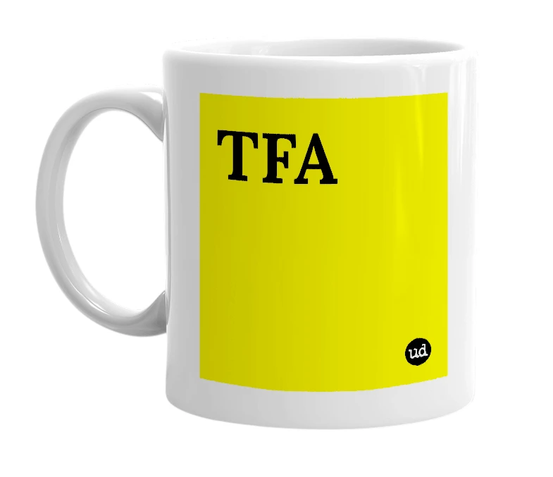 White mug with 'TFA' in bold black letters