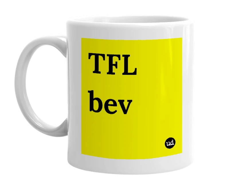 White mug with 'TFL bev' in bold black letters