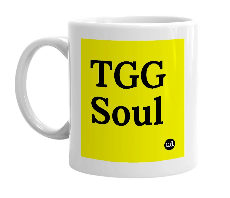 White mug with 'TGG Soul' in bold black letters