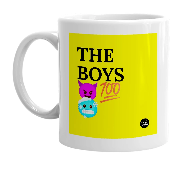 White mug with 'THE BOYS😈💯🥶' in bold black letters
