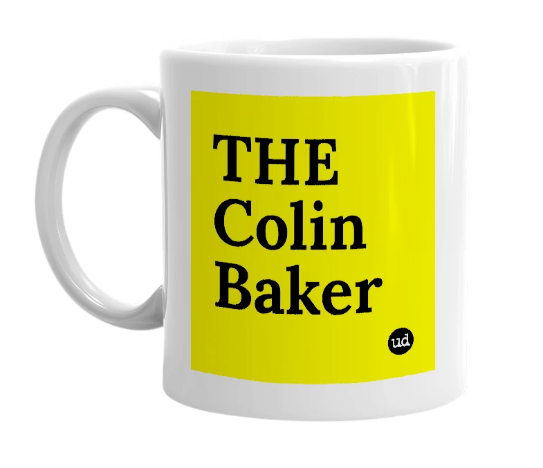 White mug with 'THE Colin Baker' in bold black letters