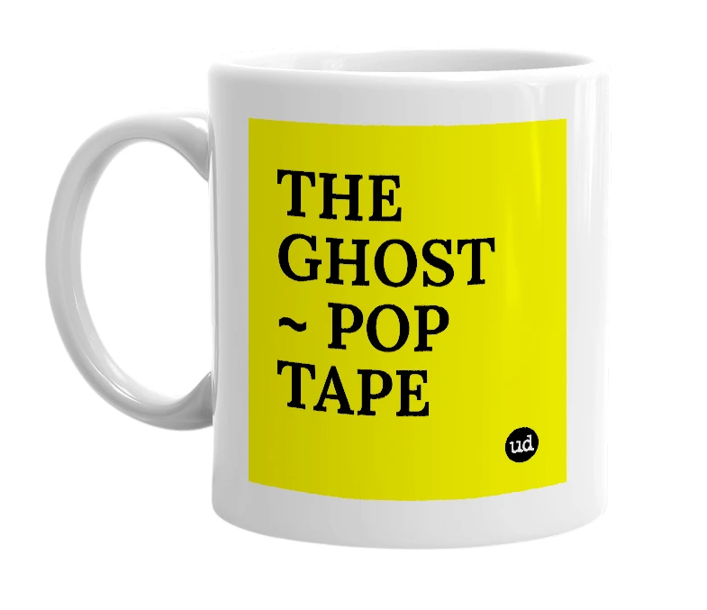 White mug with 'THE GHOST ~ POP TAPE' in bold black letters
