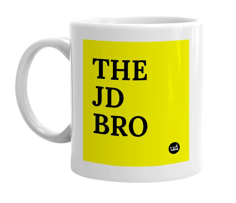 White mug with 'THE JD BRO' in bold black letters