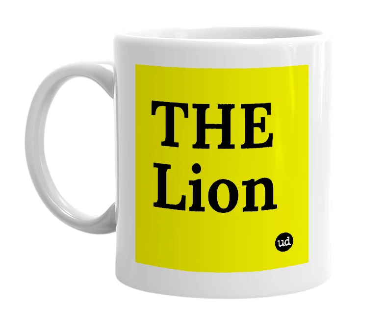 White mug with 'THE Lion' in bold black letters