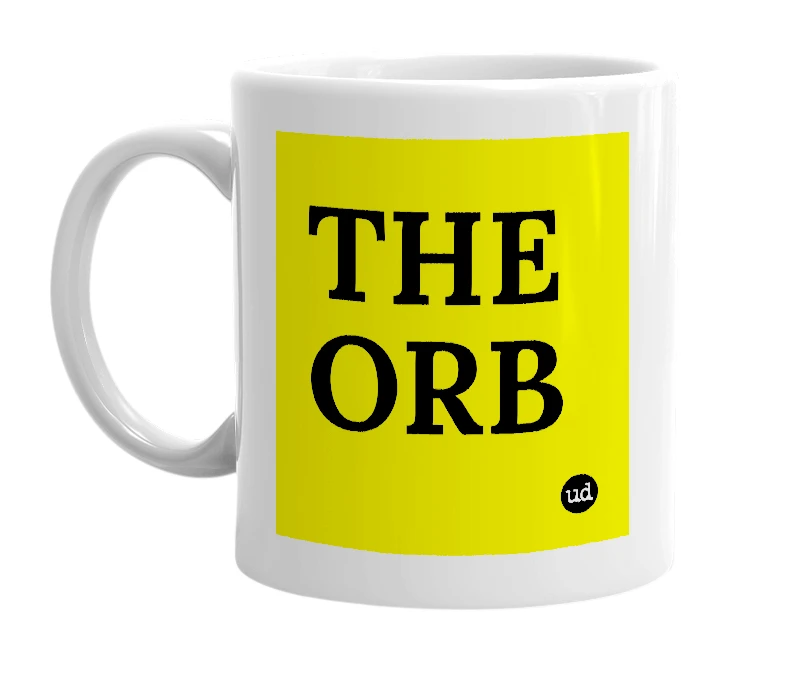 White mug with 'THE ORB' in bold black letters