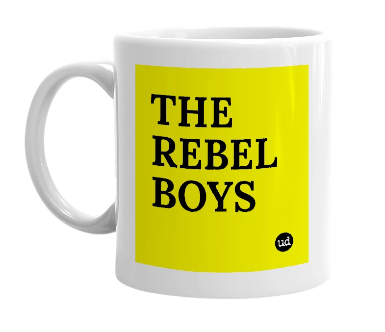 White mug with 'THE REBEL BOYS' in bold black letters