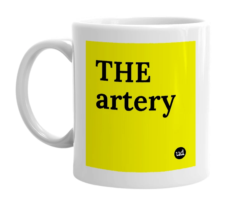 White mug with 'THE artery' in bold black letters