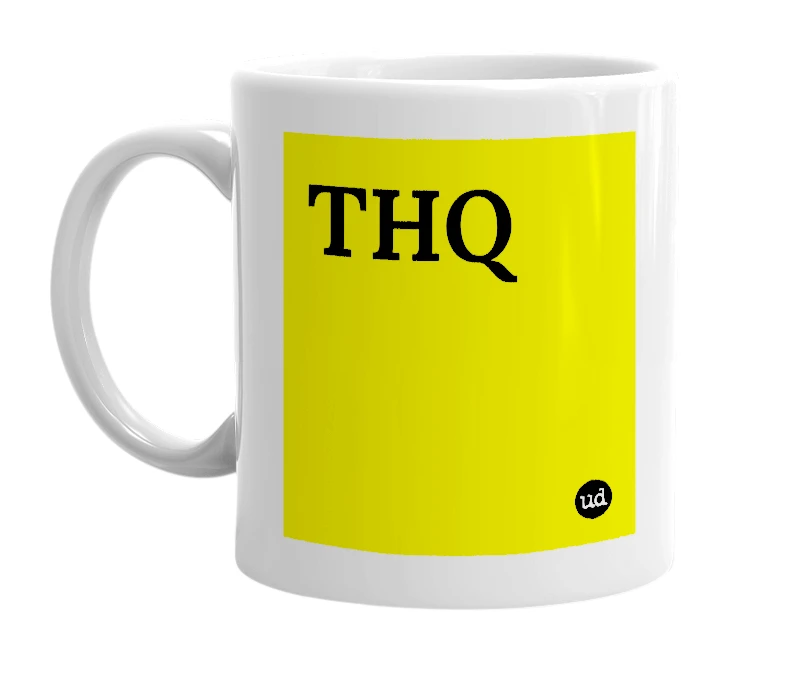 White mug with 'THQ' in bold black letters