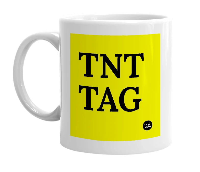 White mug with 'TNT TAG' in bold black letters