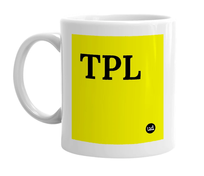 White mug with 'TPL' in bold black letters