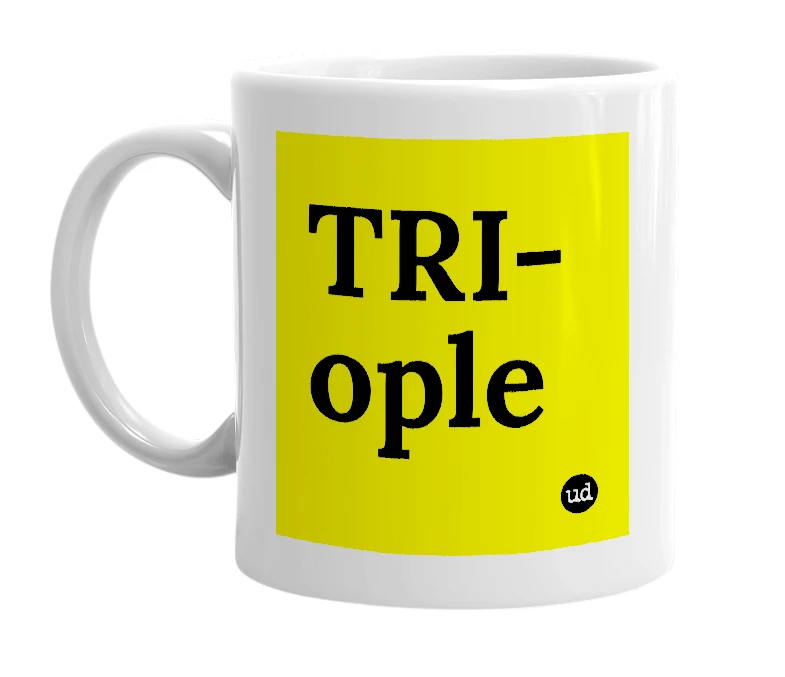 White mug with 'TRI-ople' in bold black letters