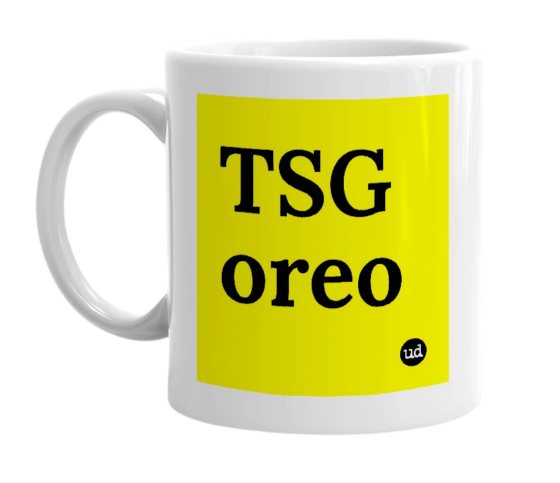 White mug with 'TSG oreo' in bold black letters
