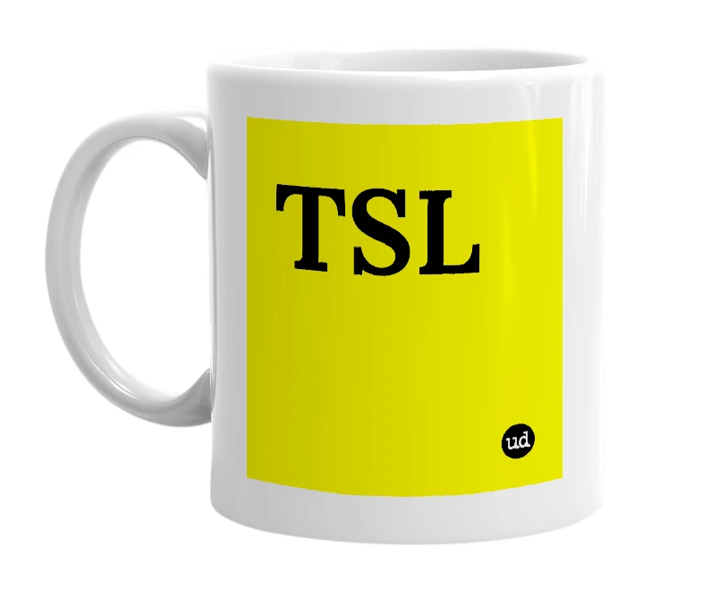 White mug with 'TSL' in bold black letters