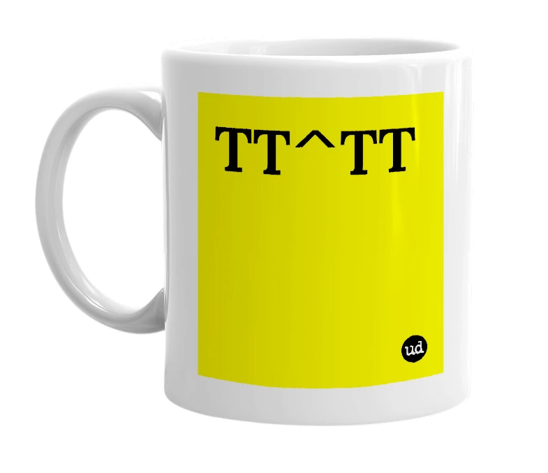 White mug with 'TT^TT' in bold black letters