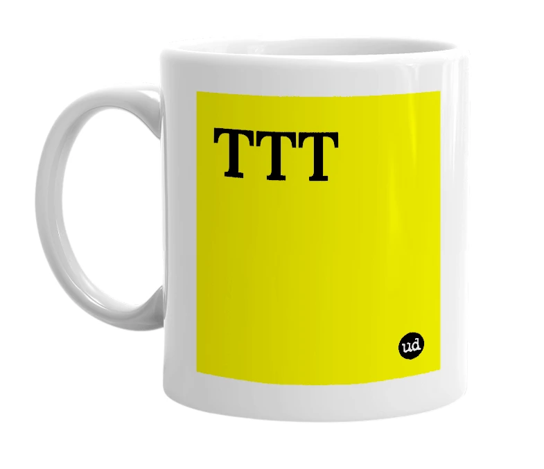 White mug with 'TTT' in bold black letters