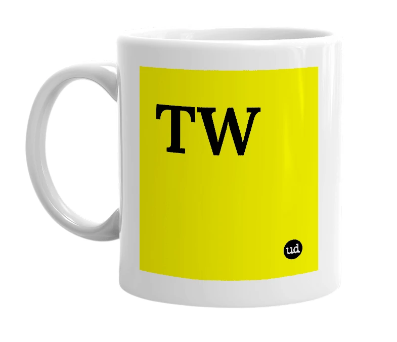 White mug with 'TW' in bold black letters