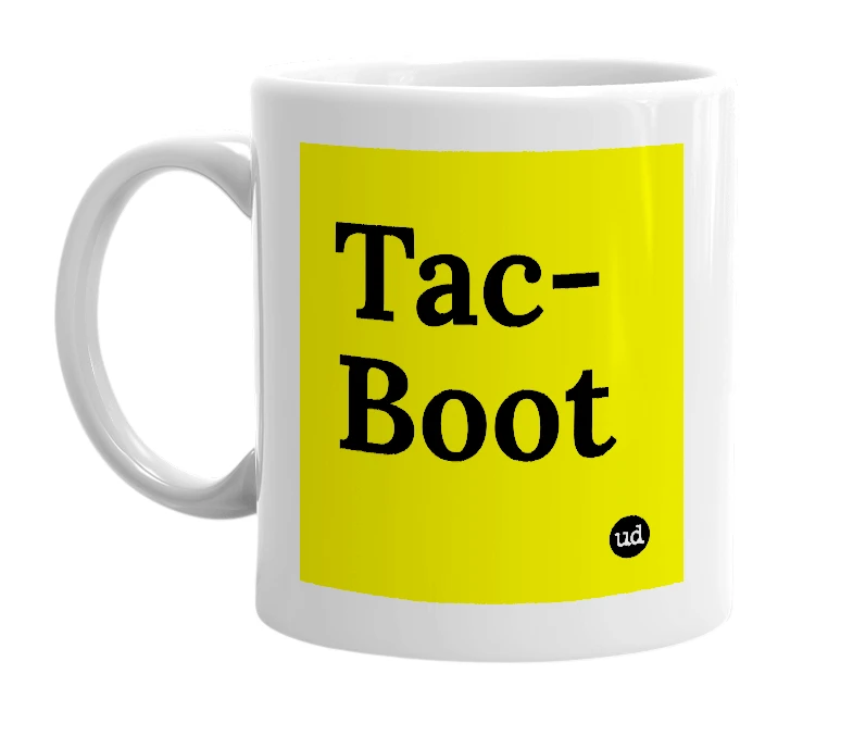 White mug with 'Tac-Boot' in bold black letters
