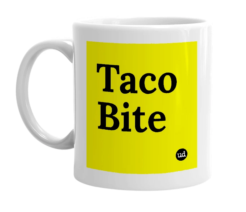 White mug with 'Taco Bite' in bold black letters