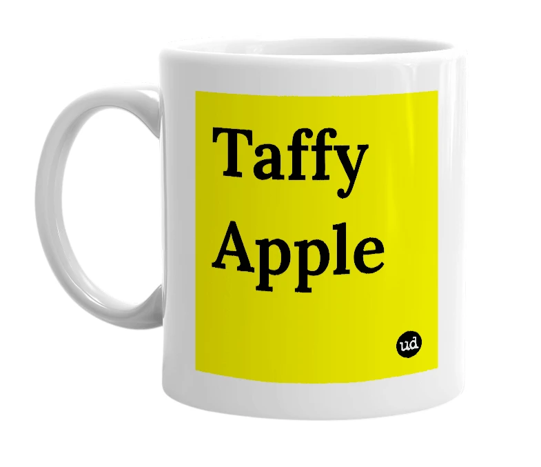 White mug with 'Taffy Apple' in bold black letters