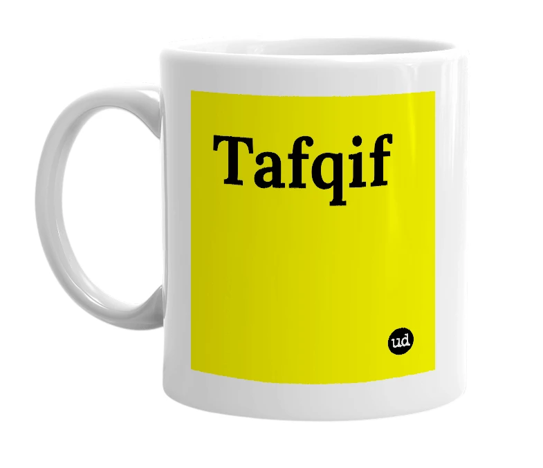 White mug with 'Tafqif' in bold black letters