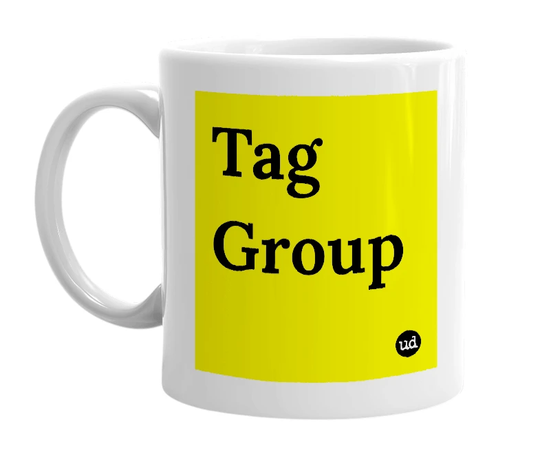 White mug with 'Tag Group' in bold black letters